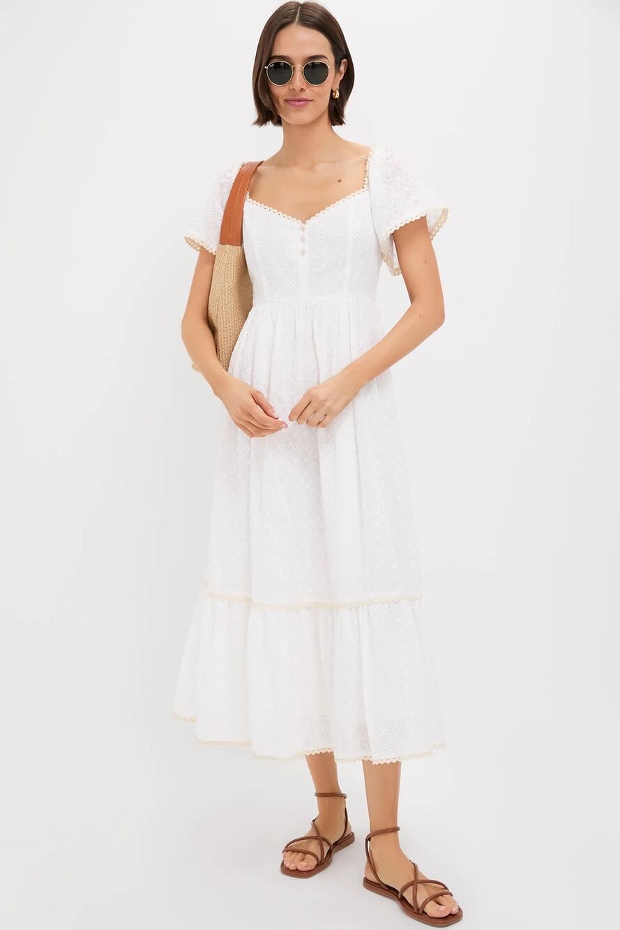 Tuckernuck Pomander Place Dainty Eyelet Holley Midi Dress White Cream S NEW